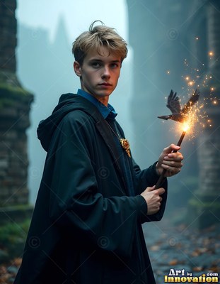 A young man in black robes holds a wand sparking gold beside a small flying raven