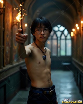Facing forward in a dim stone hall, a shirtless young man holds a sparking wand