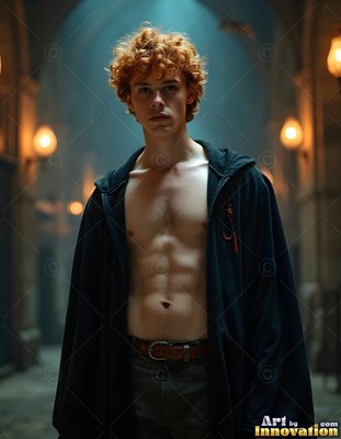 A red-haired shirtless young man stands in a dark stone hallway wearing an open black cloak