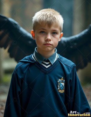 In a stone courtyard, a young man in a blue school sweater wears black wings