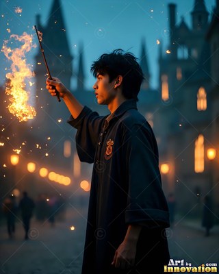 Holding a wand of fire, a young man in black robes stands outside a castle at dusk
