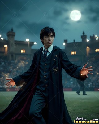 A young man in a dark robe holds his hands out at night under the moon