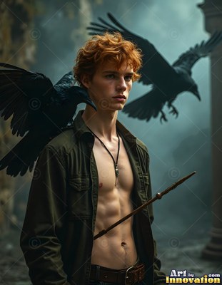 Red curly hair tops a young man in an open shirt outside with two black ravens