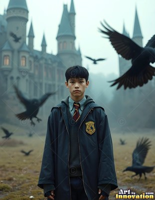 A young man stands in a dark robe as black ravens fly past in cold gray mist