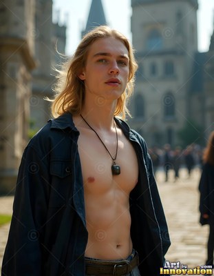 Standing shirtless outdoors, a blond man wears an open black jacket by a castle