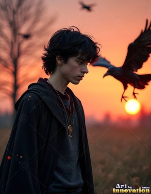 A young man in a dark cloak watches a flying black raven against an orange sunset sky