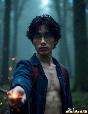 In a misty forest, a bare-chested young man clasps a sparkling wooden wand