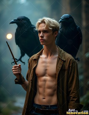 Holding a wand in a brown shirt, a blond man poses standing between two ravens in woods