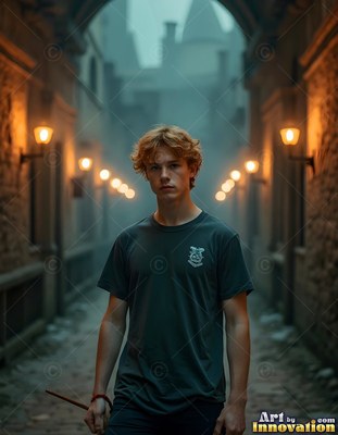 Young man holding a wand in a foggy street with wall lamps