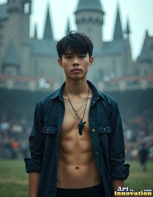 Wearing an open dark blue shirt, an Asian man poses standing outside a stone castle