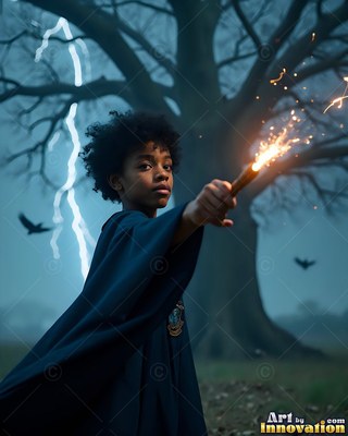 A young man points a sparking wand forward under cold blue lightning