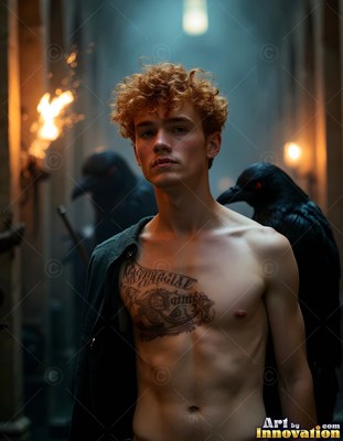 Standing shirtless in a dim stone hallway, a tattooed young man poses beside two black ravens