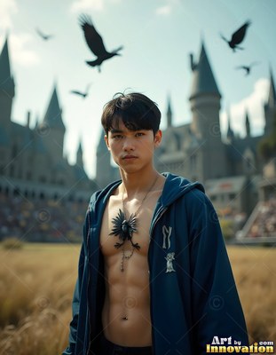 A young man in an open blue robe stands outside a castle as black birds fly overhead