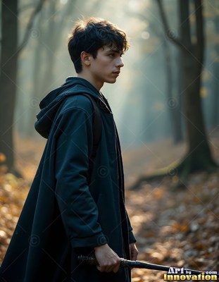 In an autumn forest, a young man in a dark hooded cloak holds a wand