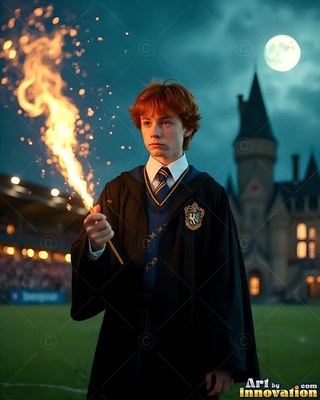 Holding a flaming wand, a red-haired young man stands outside near a castle under a full moon
