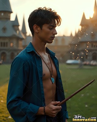 A young man grips a wooden wand outside a stone castle