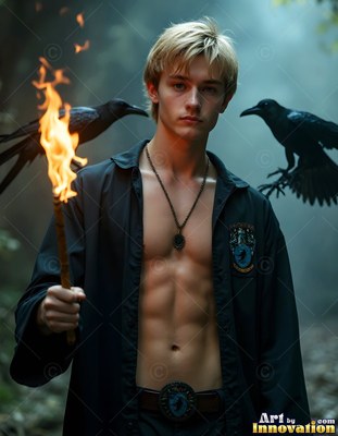 An unbuttoned black shirt reveals a blond man with a torch in foggy woods with two ravens