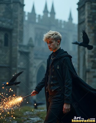 A young blond man walks past flying ravens with sparks falling from his wand in the blue light