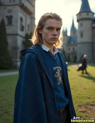 Standing in a castle courtyard, a blond young man wears a dark blue cloak