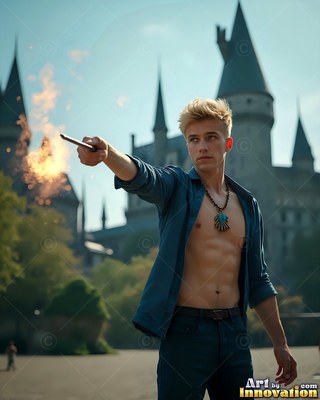 A shirtless blond man in a clear blue dress shirt aims a wand with fire near a castle