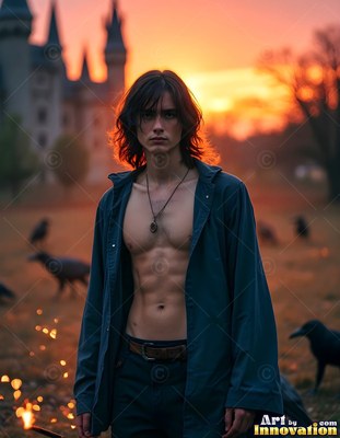Outside a castle at sunset, a shirtless young man stands in an open dark coat