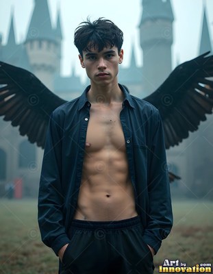 Standing outdoors, a young man wears an open black shirt with black wings behind him
