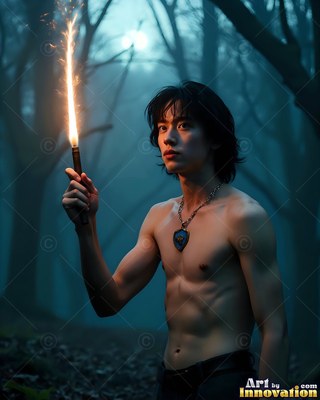 A shirtless young man clasps a lit sparkler in a dark forest