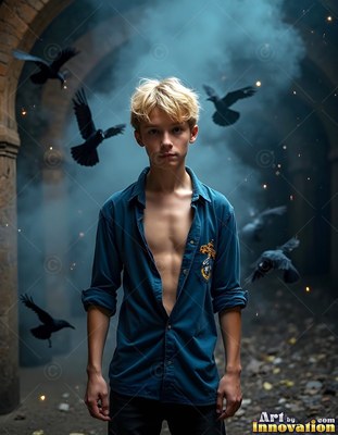 An unbuttoned blue shirt on a young blond man standing in a smoky archway with black ravens