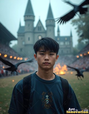 A young man stands outside a castle as ravens fly past under a muted gray sky