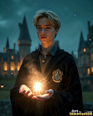 Facing forward at a castle, a young blond man in black robes holds bright light in his hands