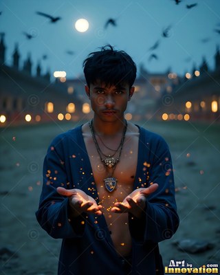 A young man in a pale blue robe holds sparks under flying birds at night