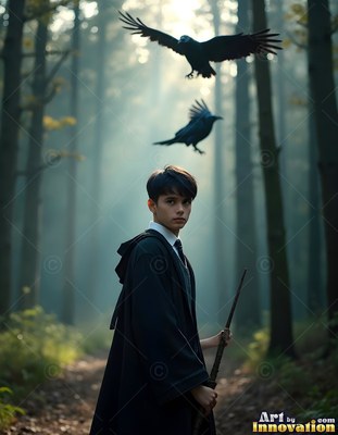 In a misty forest, a young man in black robes holds a wand as two ravens fly overhead