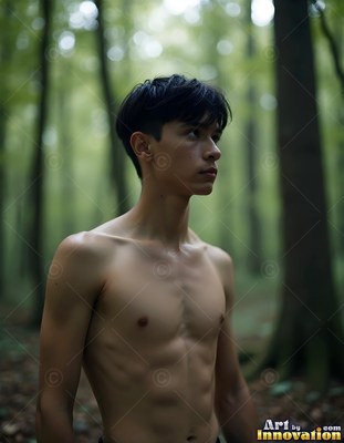 Standing shirtless in a green forest, a lean young man looks off to the side