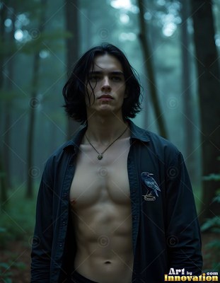 A man in an open black shirt stands in a foggy green forest