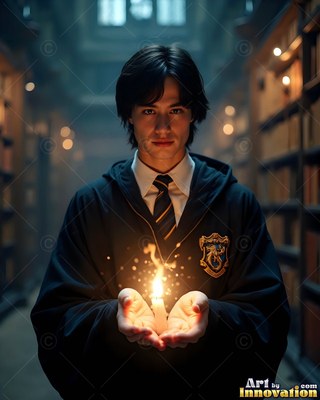 A dark-haired man in a black school robe holds a lit candle in a library hallway