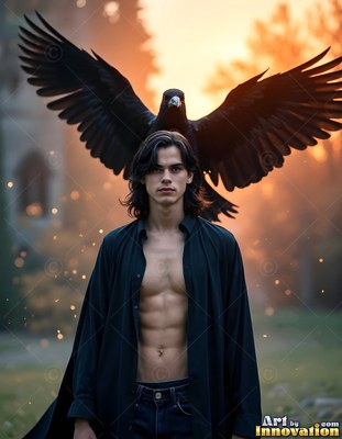 A man in an open black shirt stands as a large black raven spreads its wings in warm evening light