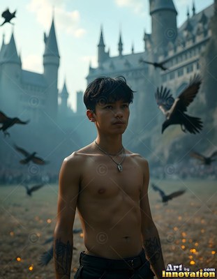 Facing forward, a shirtless young man stands outside a castle as ravens fly by