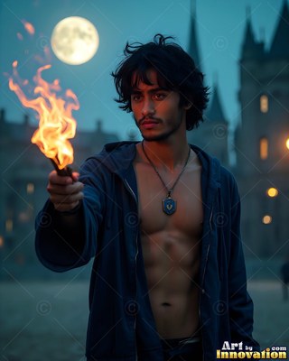 A shirtless young man in a dark blue robe holds a fire wand by a castle under the full moon