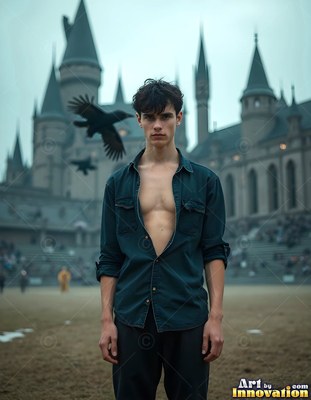 Outside a castle, a man in an open dark shirt stands near flying black ravens
