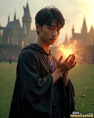 Cupping fire in his hands, a young man in black robes stands on a castle lawn