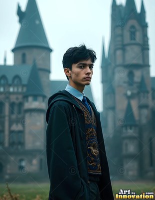 Young man in a black robe outside a castle courtyard
