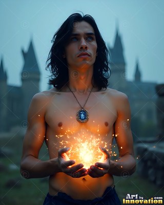A shirtless man with dark hair cups bright yellow sparks outside a castle