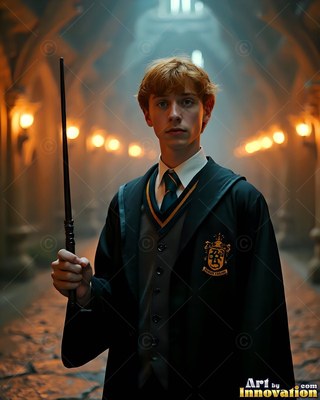 A young man in school robes holds a dark wand along a dim hall with warm wall lamps