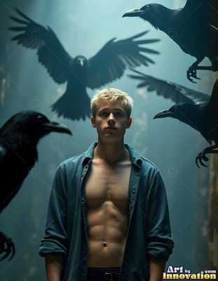 Standing front and center, a bare-chested blond man in an open shirt faces large black ravens