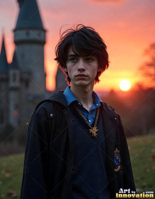 A dark-haired young man in a black cloak stands outside a castle at sunset