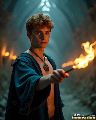 In a stone hall, a young man in a blue robe points a flaming wand forward