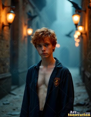 Standing in an alley, a young man wears an open dark shirt between warm lanterns