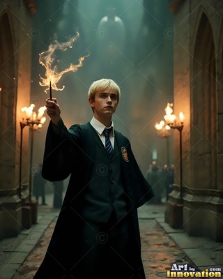A young blond man in dark robes holds a smoking wand