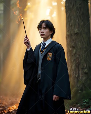 Wearing a black school robe, a young man raises a flaming wand in a misty forest