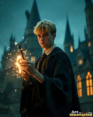 A young blond man casts sparks from his wand against a dark teal sky